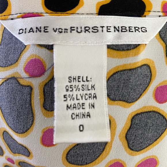 Diane Von Furstenberg Pink/Yellow Animal Print Blouse, Puff Sleeves, Size 0 - Picture 5 of 5